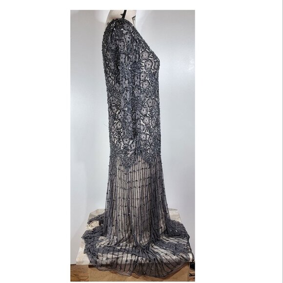 Pisarro Nights Beaded Illusion Evening Gown, Charcoal Gray, Womens Size 10 - Picture 5 of 8